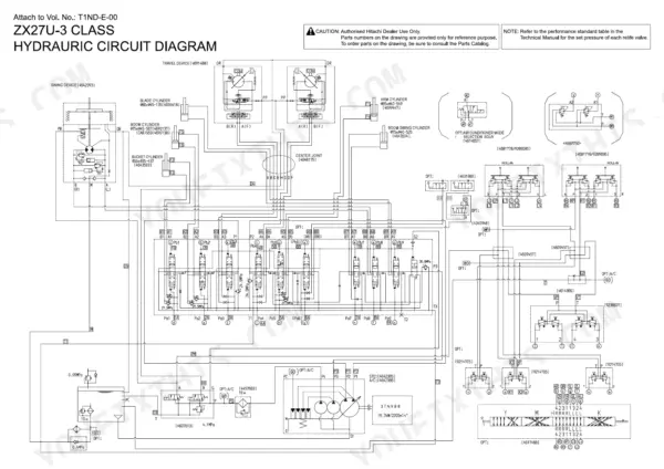 Hitachi ZX27U-3, ZX30U-3, ZX35U-3 hydraulic circuit diagram showing cylinders, control valves, and pumps.
