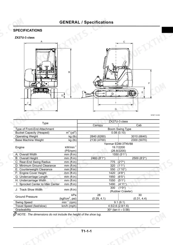 Hitachi ZX27U-3, ZX30U-3, ZX35U-3 general specifications table and dimensional diagram for excavator.