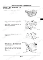 Hitachi ZX27U-3, ZX30U-3, ZX35U-3 4-pillar canopy removal and installation procedure diagrams.