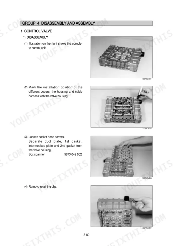 Hyundai 757-7 control valve disassembly procedures, showing valve housing, duct plate, and gasket removal steps.