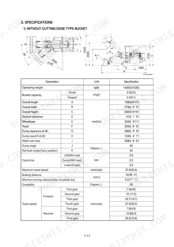 Hyundai 757-7 wheel loader specifications table and dimensional diagram for bucket without cutting edge.