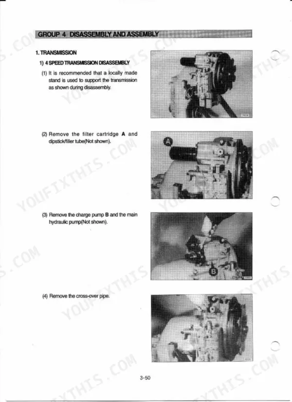 Hyundai HL730-3, Cummins B5.9-C: 4-speed transmission disassembly steps, filter A and charge pump B removal guide.