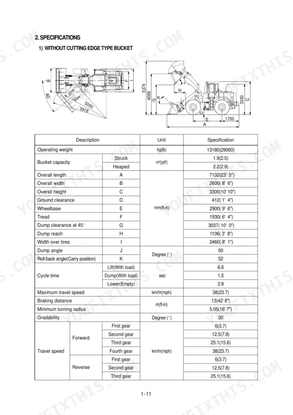 Hyundai HL730-3, Cummins B5.9-C: Specifications table and dimensional diagram for wheel loader without cutting edge bucket.