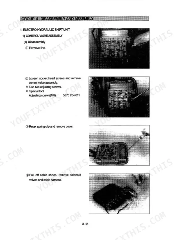 Hyundai HL720-3 electro-hydraulic shift unit control valve assembly disassembly procedure steps and photos.