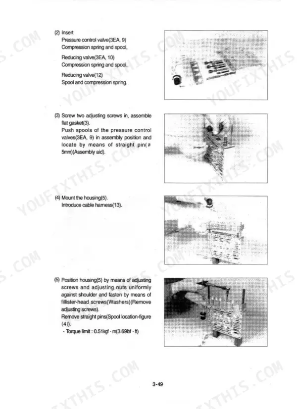 Hyundai HL730TM-3 service manual assembly procedure for pressure control valves, reducing valves, and housing installation.