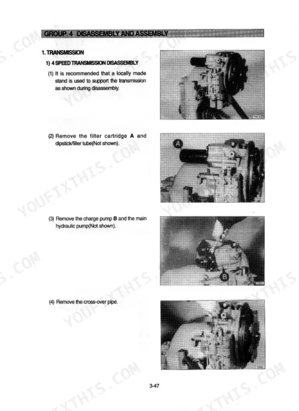 Hyundai HL740TM-3 transmission disassembly procedure showing filter A and charge pump B removal steps.
