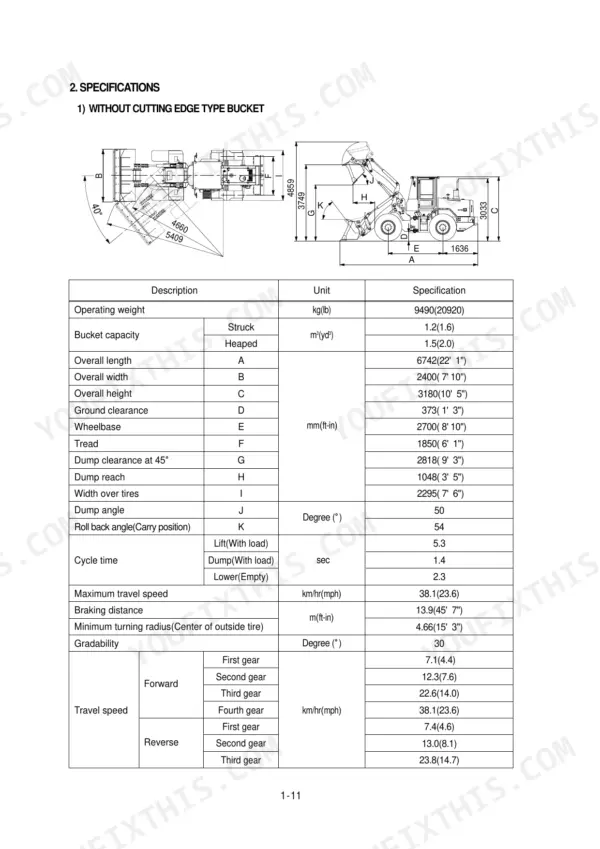 Hyundai HL740TM-3 wheel loader specifications table and dimensional diagram for bucket without cutting edge.
