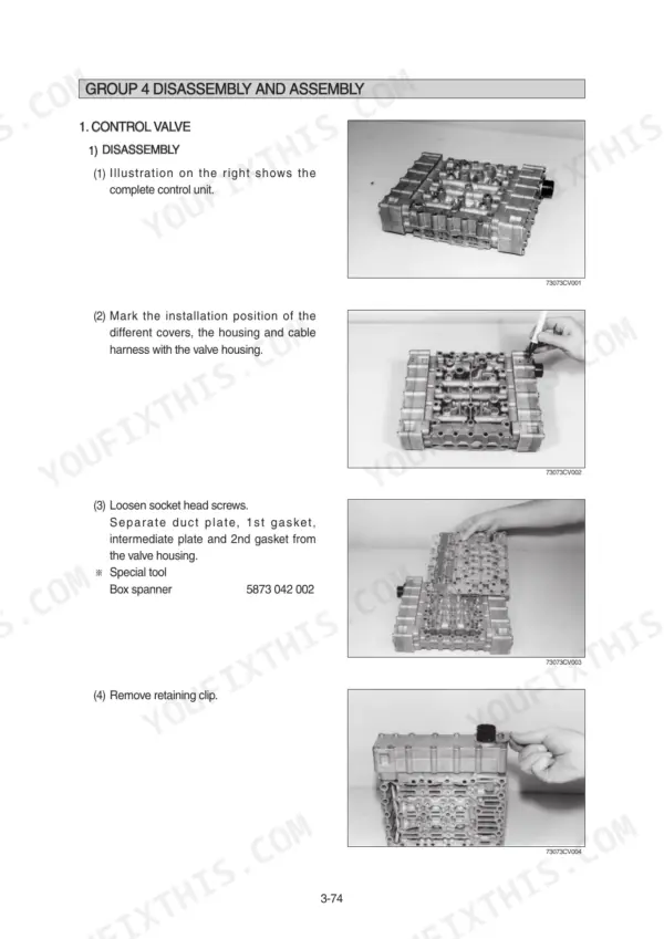 Hyundai HL730-9, HL730XTD-9, HL730TM-9 control valve disassembly procedure steps with component photos.