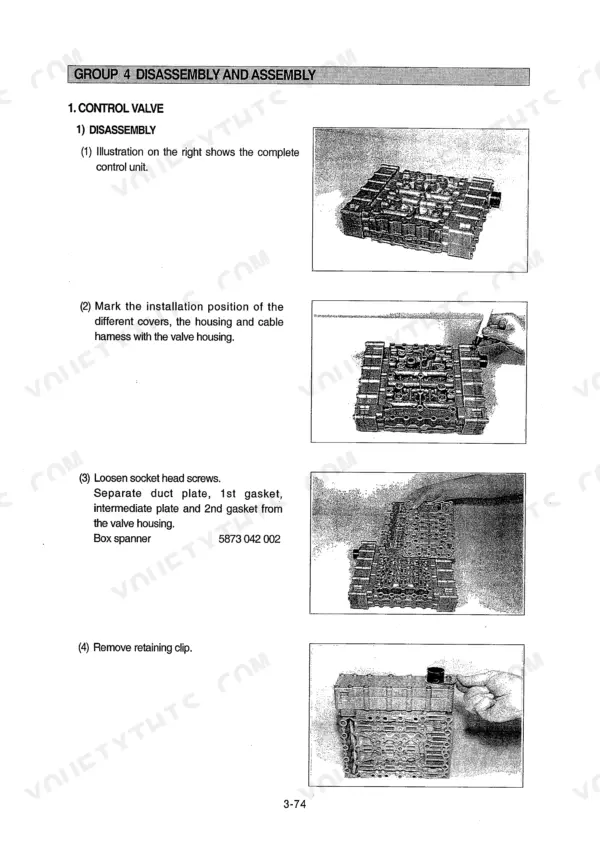 Hyundai HL740-3 service manual page showing control valve disassembly procedures, including gasket and plate removal steps.