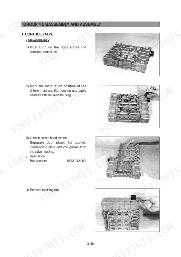 Hyundai HL740-7, HL740TM-7 control valve disassembly procedure showing housing, plates, gaskets, and retaining clip removal.