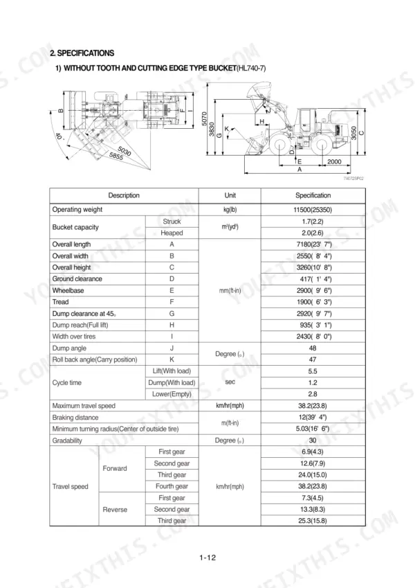 Hyundai HL740-7, HL740TM-7 wheel loader specifications table and dimensional diagram for bucket configuration.