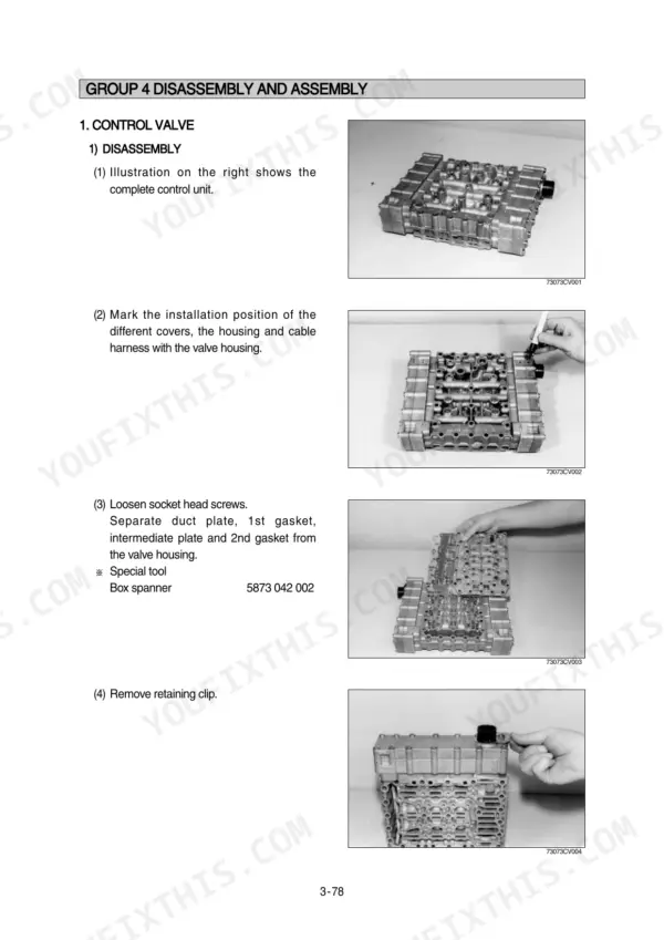 Hyundai HL740-7A, HL740XTD-7A, HL740TM-7A control valve disassembly procedure steps and component photos.