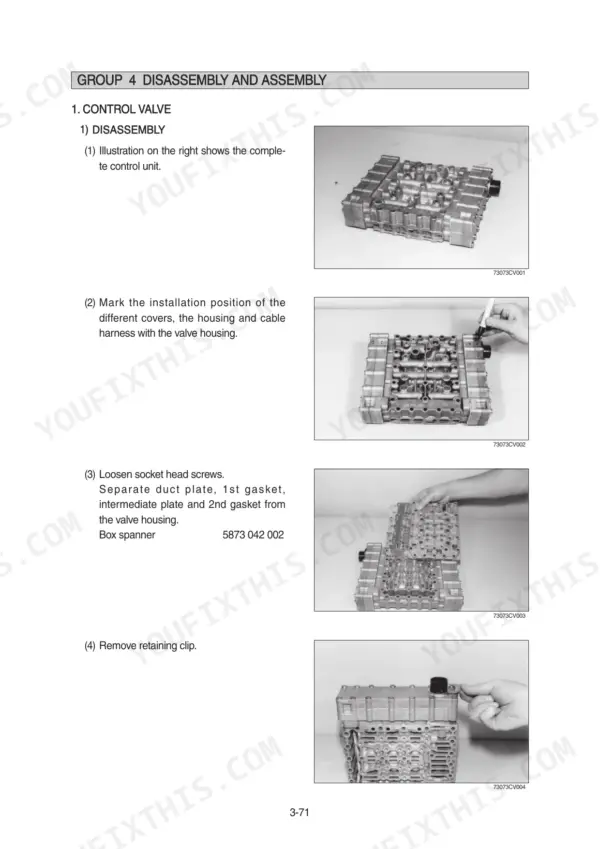 Hyundai HL757-9, HL757XTD-9, HL757TM-9 control valve disassembly procedure steps with photos of valve housing and plates.