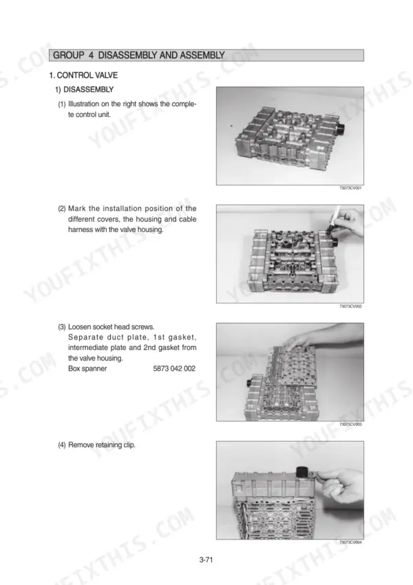 Hyundai HL760-9, HL760XTD-9 control valve disassembly procedure steps, showing valve housing, plates, and retaining clip removal.