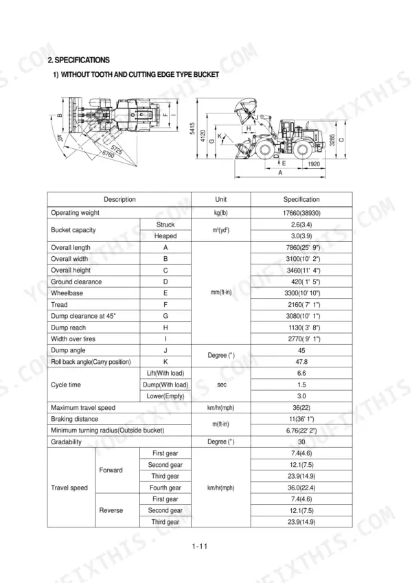Hyundai HL760 wheel loader specifications table with dimensional diagram for bucket, travel speed, and operating weight.