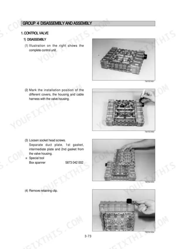 Hyundai HL770-7 control valve disassembly procedure showing steps to remove covers, gaskets, and retaining clips.