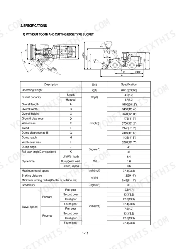 Hyundai HL780-3 wheel loader specifications table and dimensional diagram for bucket without teeth and cutting edge.