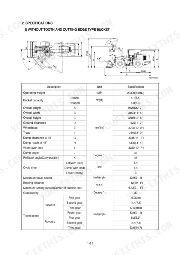 Hyundai HL780-7A specifications table and dimensional diagram for wheel loader without tooth and cutting edge bucket.
