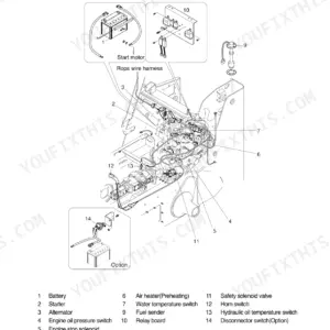 Hyundai HSL810 electrical system diagram showing battery, starter, relay board, fuel sender, and engine sensors with component list.