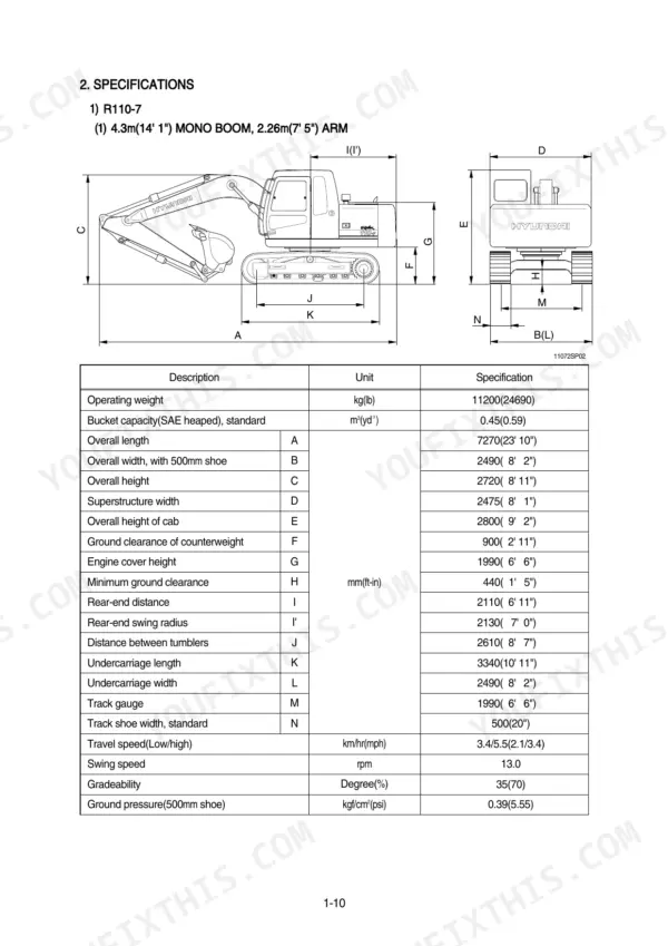 Hyundai R110-7, R110D-7 excavator specifications table with dimensional diagram for mono boom and arm configuration.