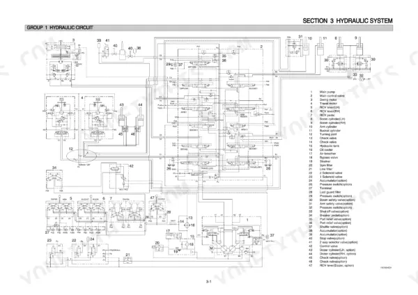 Hyundai R110-7A, R110D-7A hydraulic circuit diagram showing main pump, control valves, and numbered component list.