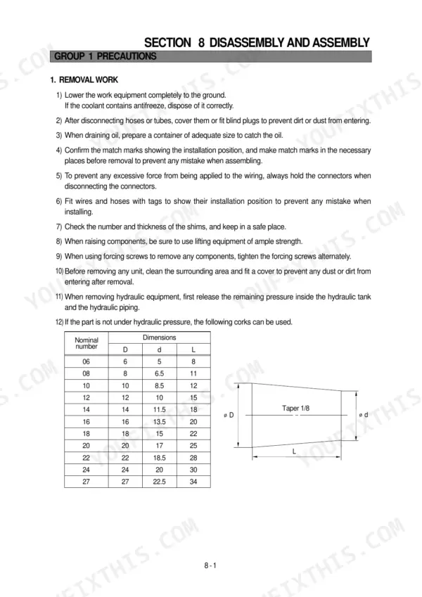 Hyundai R130W-3 disassembly and assembly precautions and cork dimension table for hydraulic piping maintenance.