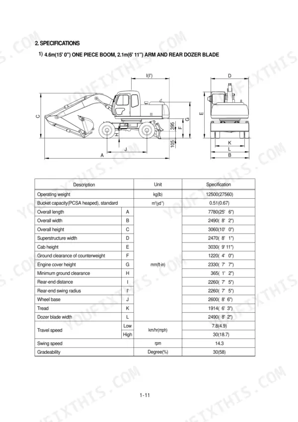 Hyundai R130W-3 excavator specifications diagram and table showing dimensions, weight, and performance data.