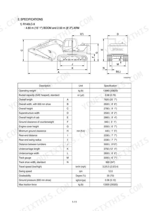 Hyundai R140LC-9, R140LCD-9, R140LCM-9 excavator dimensions diagram and technical specifications table for 4.6m boom and 2.5m arm.