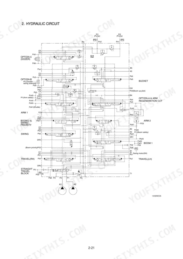 Hyundai R140LC-9, R140LCD-9, R140LCM-9 hydraulic circuit diagram showing main control valve, boom, arm, swing, and travel functions.