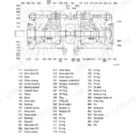 Hyundai R140W-7A main pump exploded view diagram and parts list showing piston pumps, valve block, and internal components.