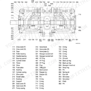 Hyundai R140W-7A main pump exploded view diagram and parts list showing piston pumps, valve block, and internal components.
