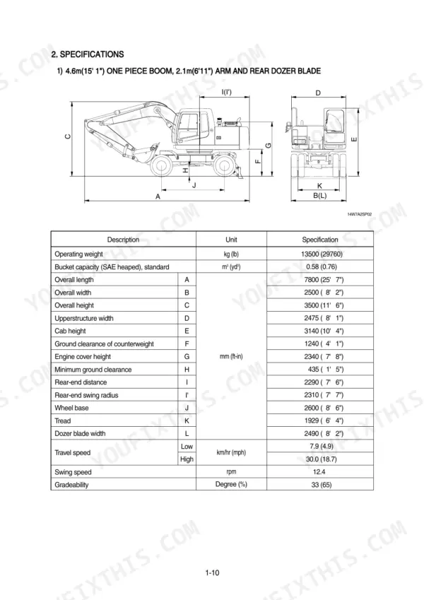 Hyundai R140W-7A excavator specifications table and dimensional diagram for boom, arm, and dozer blade configuration.
