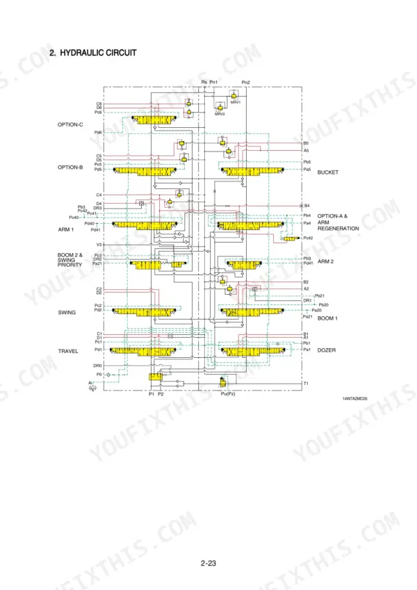 Hyundai R140W-7A hydraulic circuit diagram showing main control valve spool functions for boom, arm, bucket, swing, and travel.