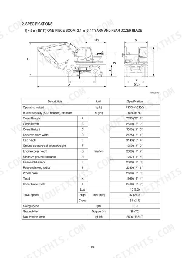 Hyundai R140W-9 specifications table with boom, arm, and dozer blade dimensions and performance data.
