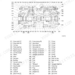 Hyundai R145CR-9, R145CRD-9, R145LCR-9 main pump exploded view diagram and numbered parts list for piston pumps and valve block.