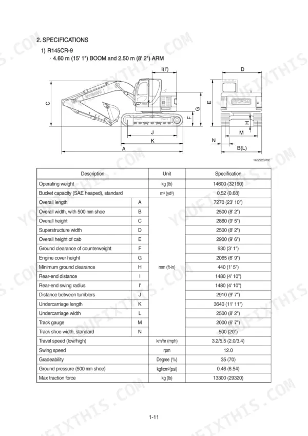 Hyundai R145CR-9, R145CRD-9, R145LCR-9 specifications table and dimensional diagram for excavator operating weight and dimensions.