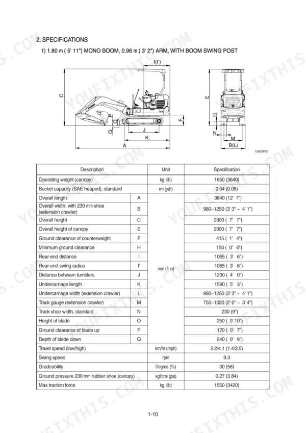 Hyundai R16-9 excavator specifications table with dimensional diagram for mono boom and arm configuration.