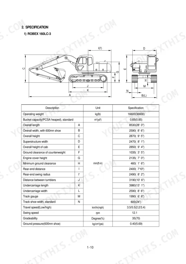 Hyundai R160LC-3 excavator dimensional diagram and technical specification table including operating weight and dimensions.