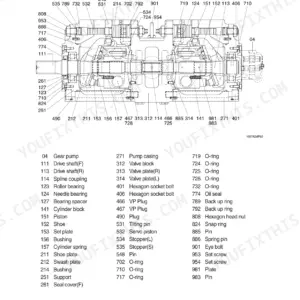 Hyundai R160LC-7A, R160LCD-7A main pump exploded view diagram and component parts list with reference numbers.