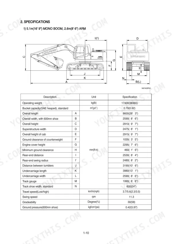 Hyundai R160LC-7A, R160LCD-7A excavator specifications table and dimensional diagram for mono boom and arm configuration.