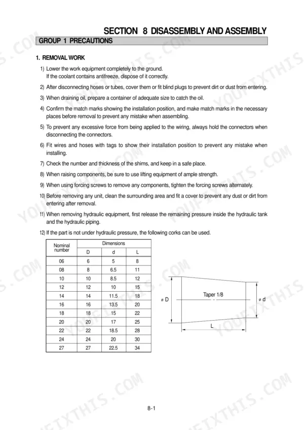 Hyundai R170W-3 disassembly and assembly removal work precautions and taper cork dimension table with diagram
