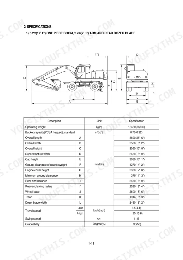Hyundai R170W-3 specifications table and dimension diagram for one-piece boom, arm, and rear dozer blade configuration.