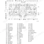 Hyundai R170W-9 main pump exploded view diagram with numbered component parts list including drive shaft, piston, and valve block.