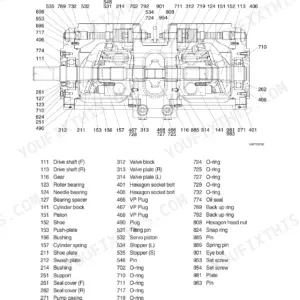 Hyundai R170W-9 main pump exploded view diagram with numbered component parts list including drive shaft, piston, and valve block.