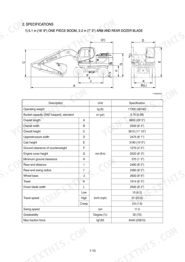 Hyundai R170W-9 excavator dimensions diagram and technical specifications table for boom, arm, and dozer blade configuration.