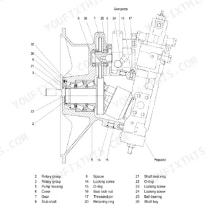 Hyundai R180LC-3 main pump exploded view diagram showing rotary groups, gear pump, regulator, and numbered component parts list.