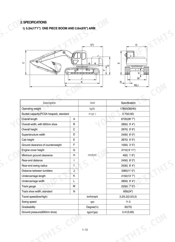 Hyundai R180LC-3 excavator specifications table with dimensional diagrams for boom, arm, and undercarriage components.