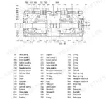 Hyundai R200W-3 main pump exploded view diagram with numbered component parts list for piston pumps and valve block.