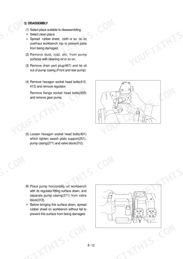 Hyundai R200W-3 hydraulic pump disassembly procedure steps and diagrams showing pump casing and valve block separation.