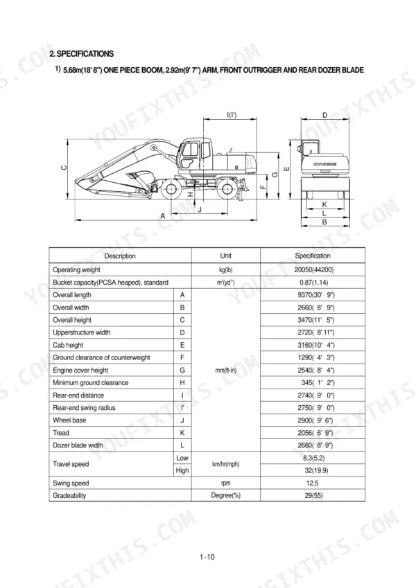 Hyundai R200W-3 excavator dimensions diagram and technical specifications table including weight, capacity, and travel speed.